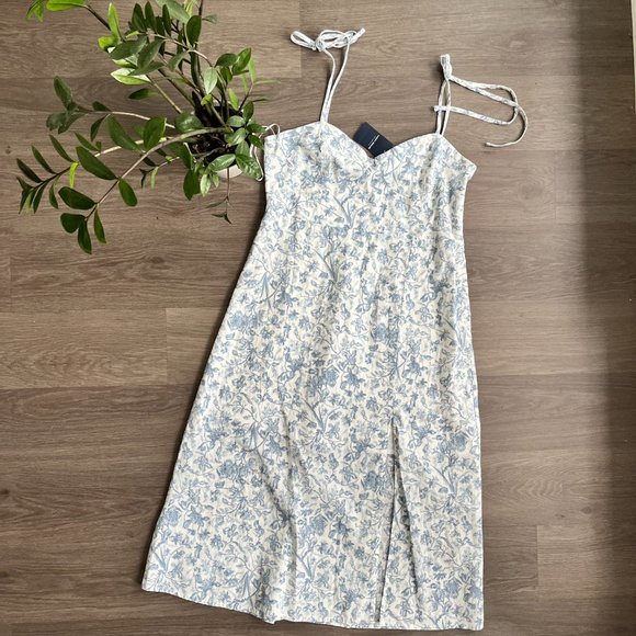 NWT Lucky Brand Blue & White Lined Bustier Style Floral Midi Dress w Side Slit - Picture 2 of 13
